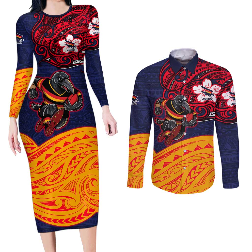 Adelaide Crow Mascot Couples Matching Long Sleeve Bodycon Dress and Long Sleeve Button Shirt Polynesian Tribal Pattern Bold Island Style