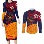 Adelaide Crow Mascot Couples Matching Long Sleeve Bodycon Dress and Long Sleeve Button Shirt Polynesian Tribal Pattern Bold Island Style