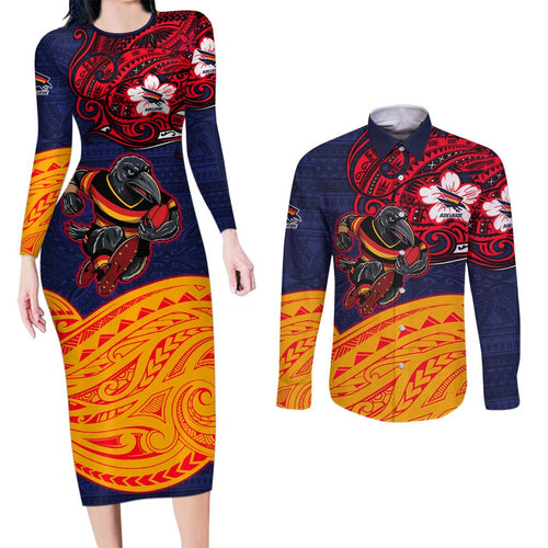 Adelaide Crow Mascot Couples Matching Long Sleeve Bodycon Dress and Long Sleeve Button Shirt Polynesian Tribal Pattern Bold Island Style