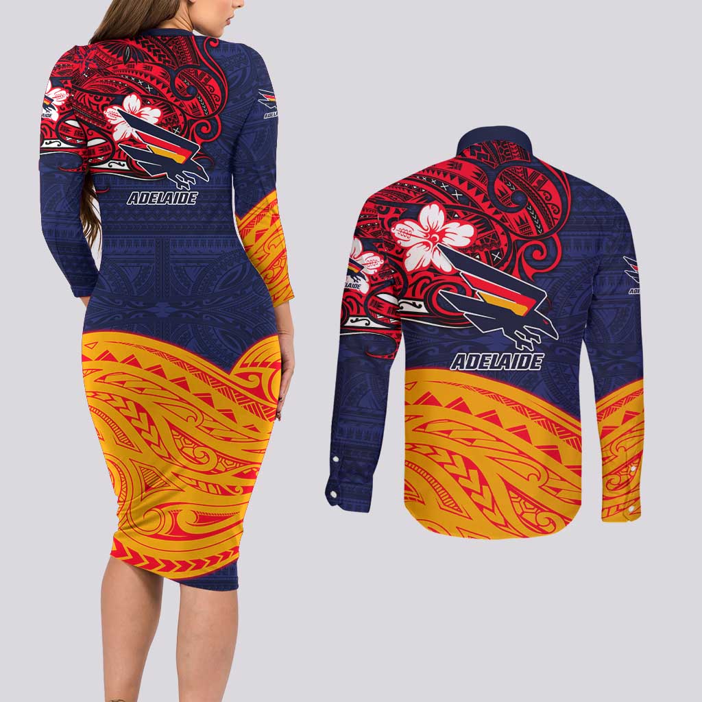 Adelaide Crow Mascot Couples Matching Long Sleeve Bodycon Dress and Long Sleeve Button Shirt Polynesian Tribal Pattern Bold Island Style