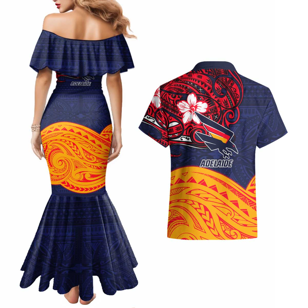 Adelaide Crow Mascot Couples Matching Mermaid Dress and Hawaiian Shirt Polynesian Tribal Pattern Bold Island Style