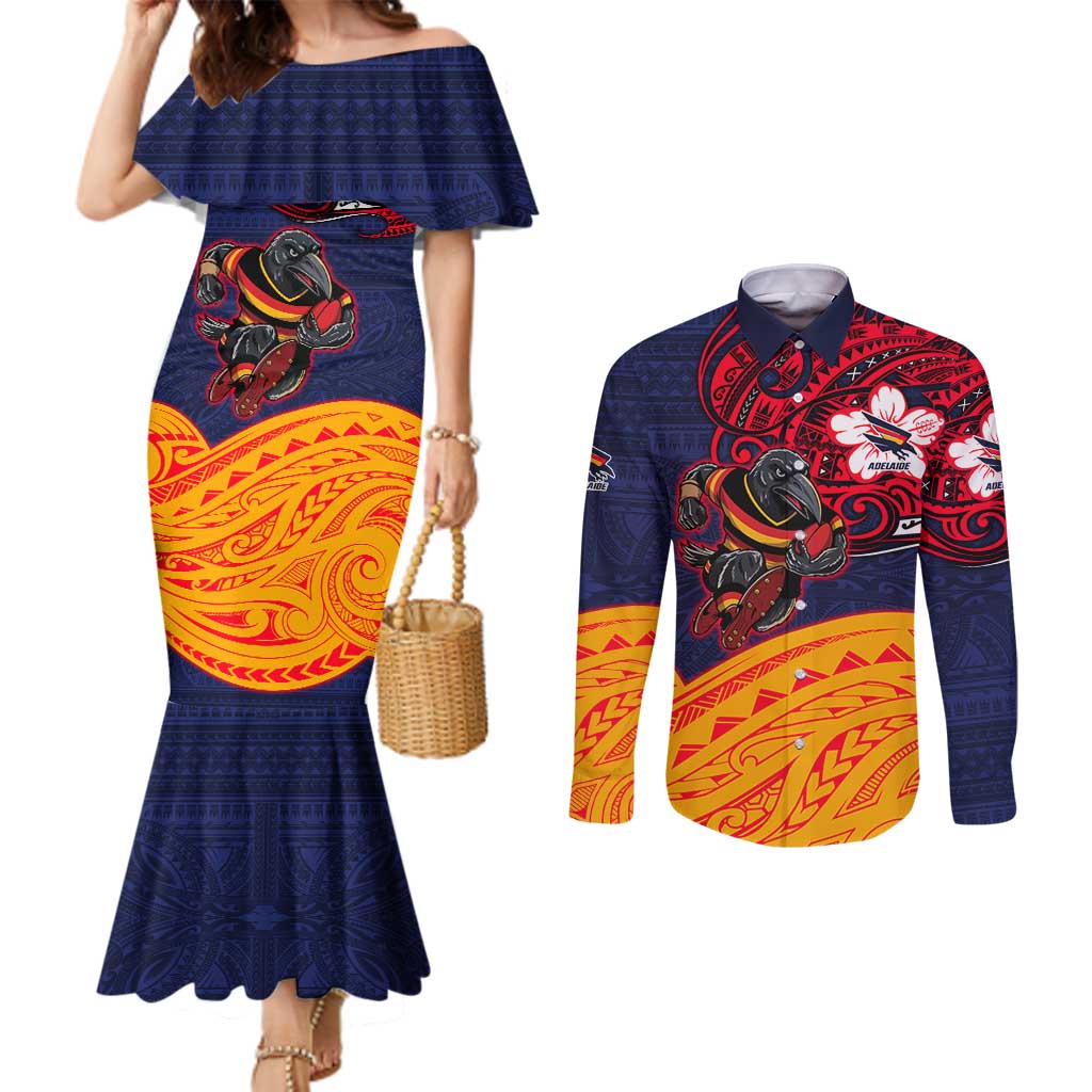 Adelaide Crow Mascot Couples Matching Mermaid Dress and Long Sleeve Button Shirt Polynesian Tribal Pattern Bold Island Style