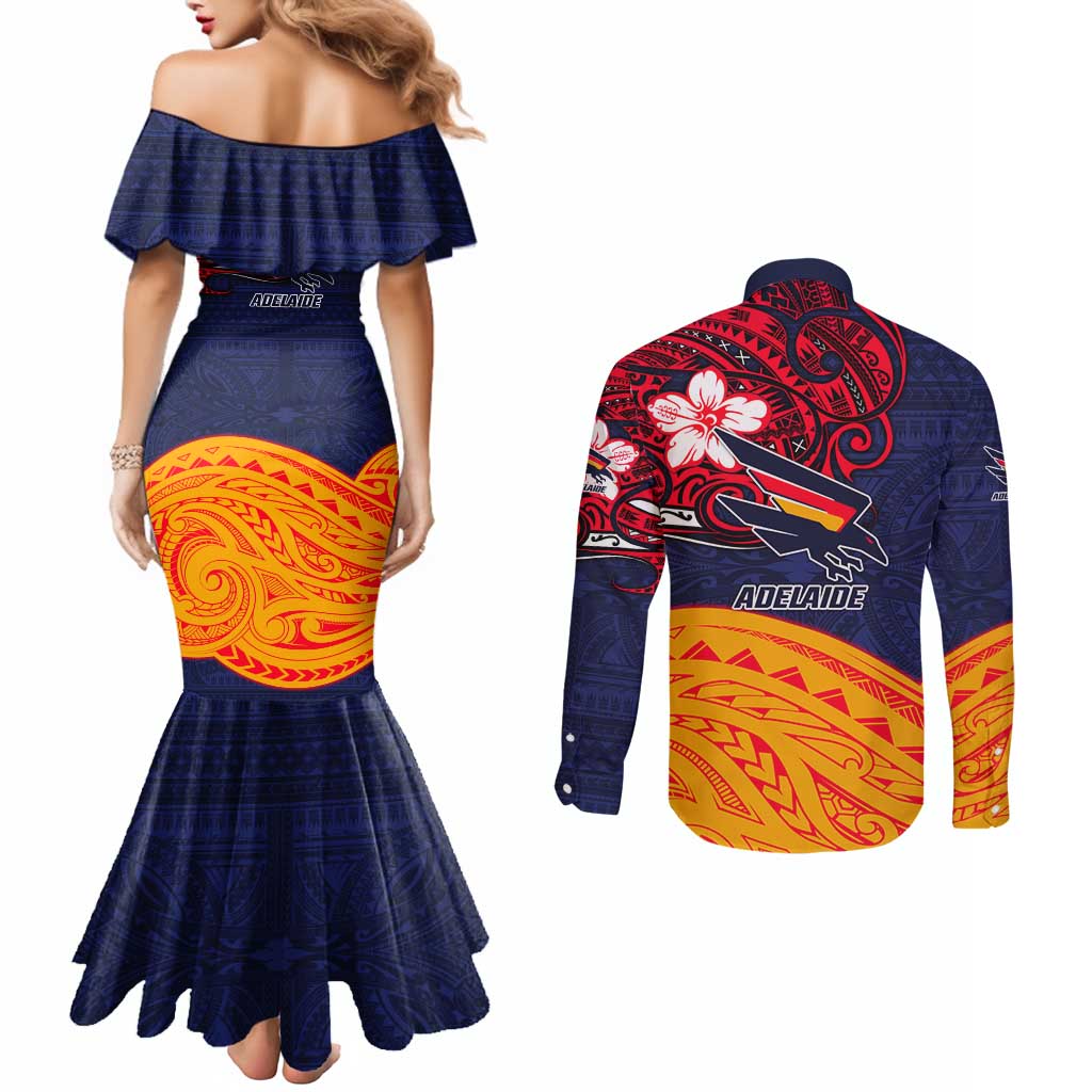 Adelaide Crow Mascot Couples Matching Mermaid Dress and Long Sleeve Button Shirt Polynesian Tribal Pattern Bold Island Style