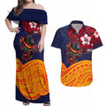 Adelaide Crow Mascot Couples Matching Off Shoulder Maxi Dress and Hawaiian Shirt Polynesian Tribal Pattern Bold Island Style