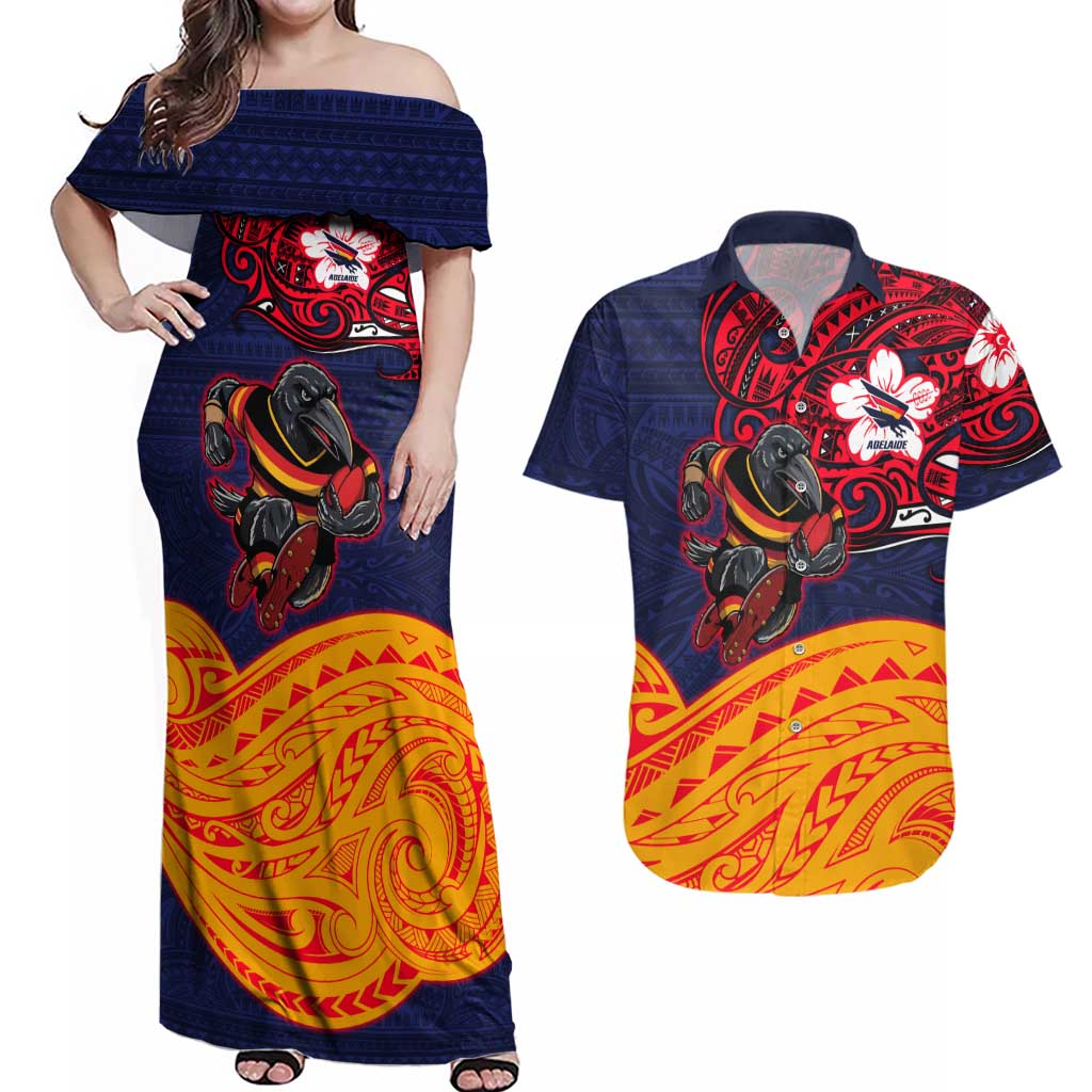Adelaide Crow Mascot Couples Matching Off Shoulder Maxi Dress and Hawaiian Shirt Polynesian Tribal Pattern Bold Island Style