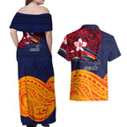 Adelaide Crow Mascot Couples Matching Off Shoulder Maxi Dress and Hawaiian Shirt Polynesian Tribal Pattern Bold Island Style