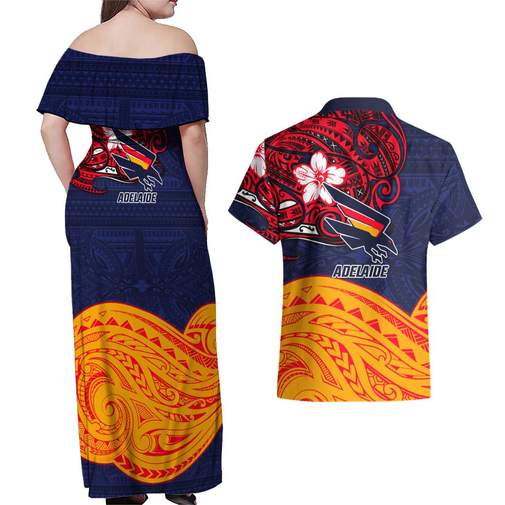 Adelaide Crow Mascot Couples Matching Off Shoulder Maxi Dress and Hawaiian Shirt Polynesian Tribal Pattern Bold Island Style