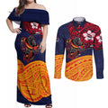 Adelaide Crow Mascot Couples Matching Off Shoulder Maxi Dress and Long Sleeve Button Shirt Polynesian Tribal Pattern Bold Island Style