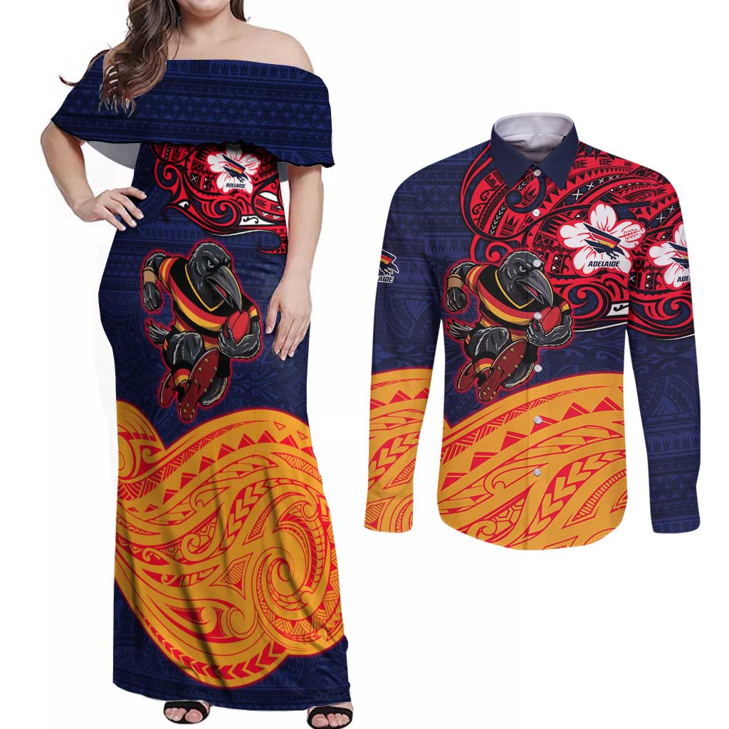 Adelaide Crow Mascot Couples Matching Off Shoulder Maxi Dress and Long Sleeve Button Shirt Polynesian Tribal Pattern Bold Island Style