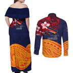 Adelaide Crow Mascot Couples Matching Off Shoulder Maxi Dress and Long Sleeve Button Shirt Polynesian Tribal Pattern Bold Island Style