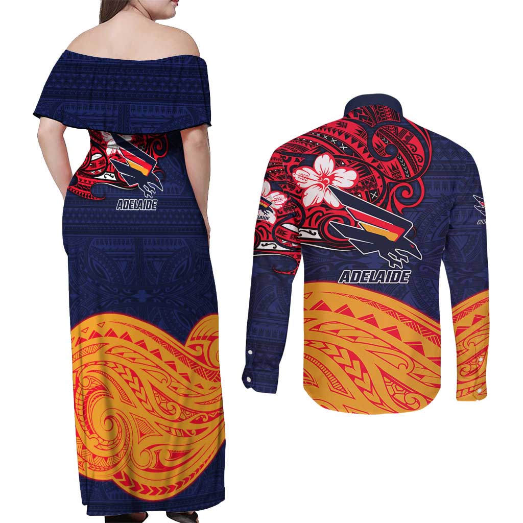Adelaide Crow Mascot Couples Matching Off Shoulder Maxi Dress and Long Sleeve Button Shirt Polynesian Tribal Pattern Bold Island Style