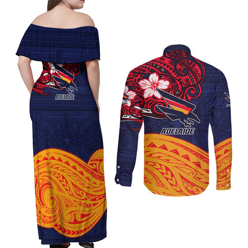 Adelaide Crow Mascot Couples Matching Off Shoulder Maxi Dress and Long Sleeve Button Shirt Polynesian Tribal Pattern Bold Island Style