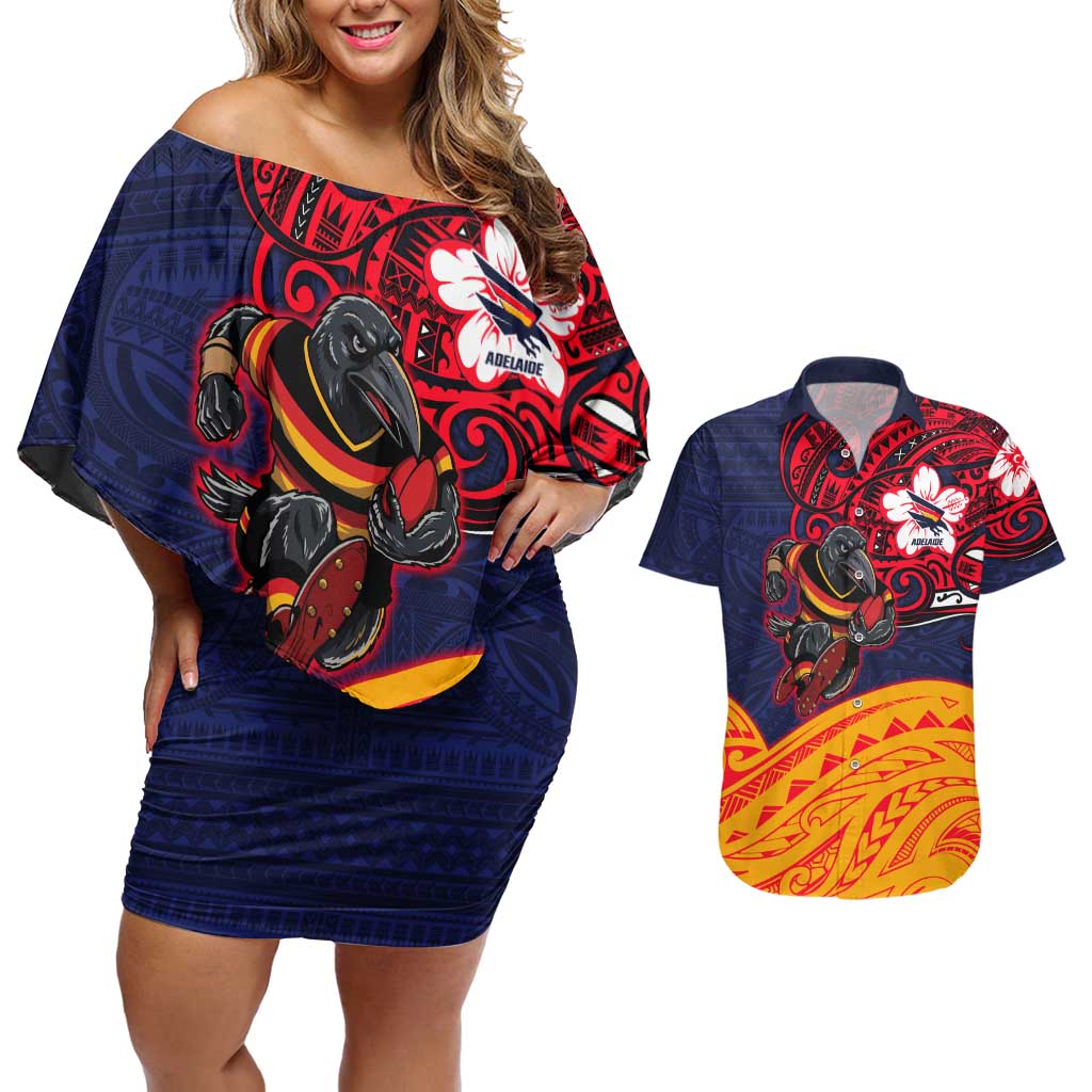 Adelaide Crow Mascot Couples Matching Off Shoulder Short Dress and Hawaiian Shirt Polynesian Tribal Pattern Bold Island Style