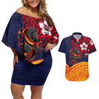 Adelaide Crow Mascot Couples Matching Off Shoulder Short Dress and Hawaiian Shirt Polynesian Tribal Pattern Bold Island Style
