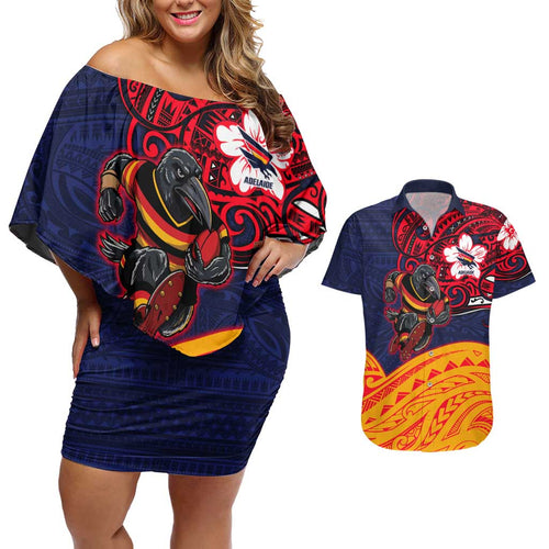 Adelaide Crow Mascot Couples Matching Off Shoulder Short Dress and Hawaiian Shirt Polynesian Tribal Pattern Bold Island Style