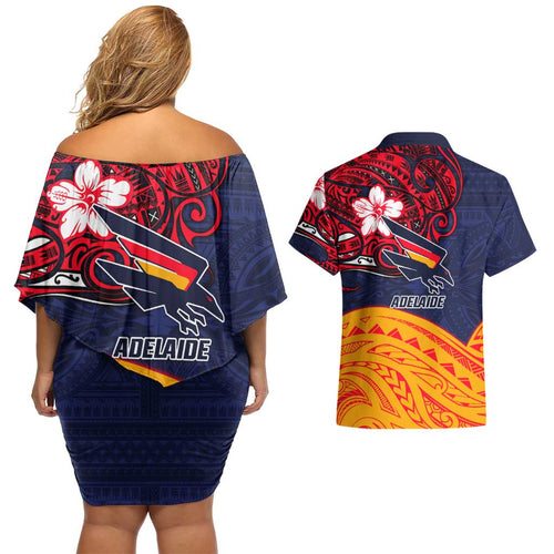 Adelaide Crow Mascot Couples Matching Off Shoulder Short Dress and Hawaiian Shirt Polynesian Tribal Pattern Bold Island Style