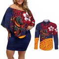 Adelaide Crow Mascot Couples Matching Off Shoulder Short Dress and Long Sleeve Button Shirt Polynesian Tribal Pattern Bold Island Style