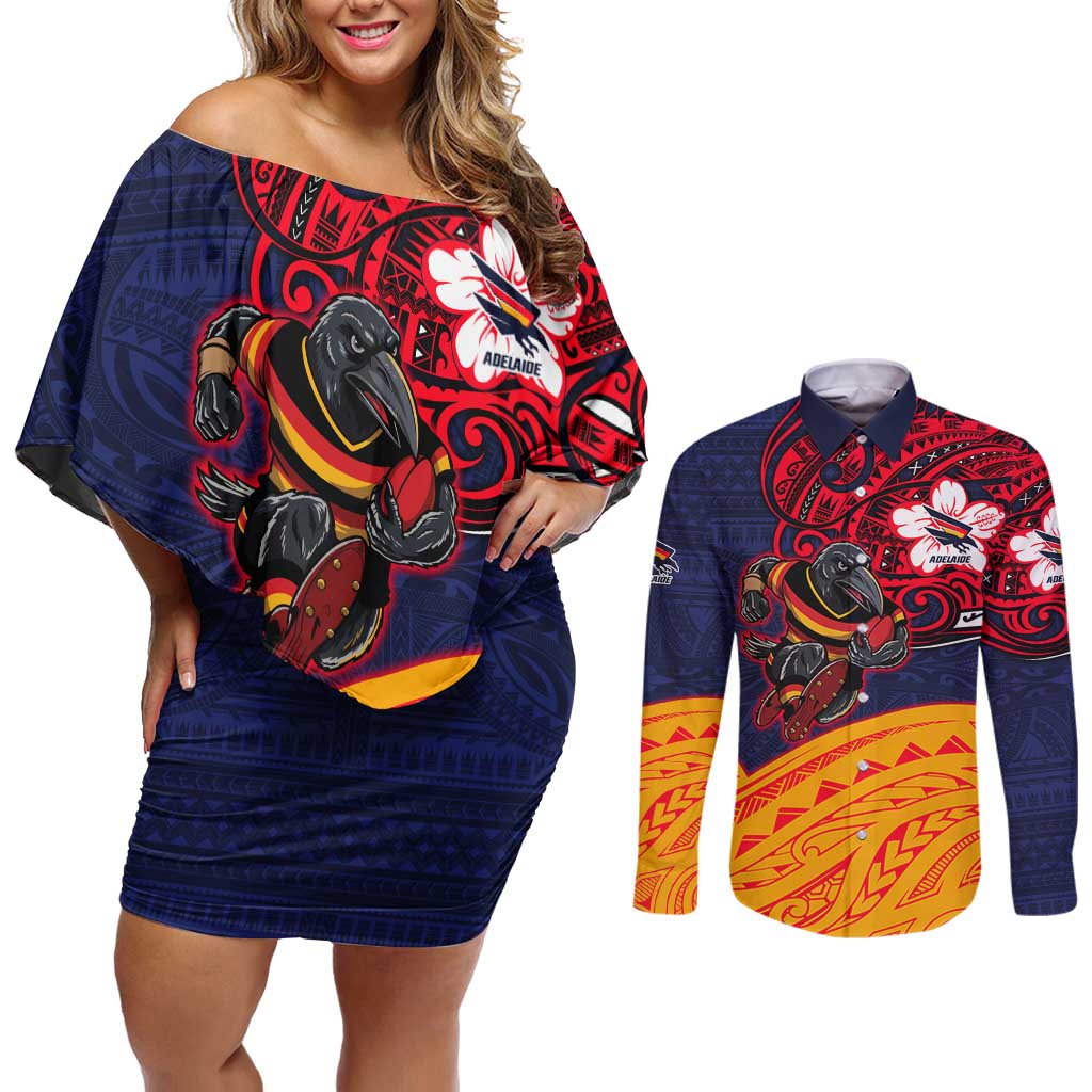 Adelaide Crow Mascot Couples Matching Off Shoulder Short Dress and Long Sleeve Button Shirt Polynesian Tribal Pattern Bold Island Style