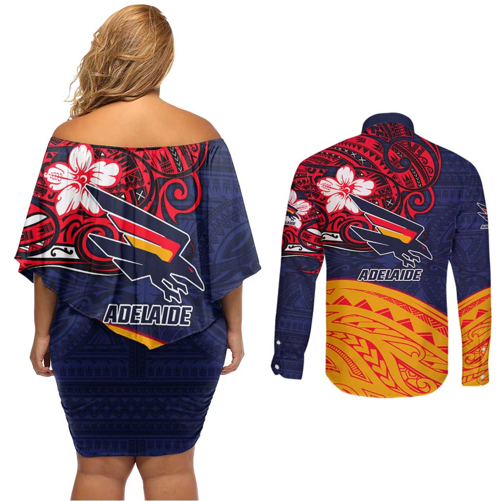 Adelaide Crow Mascot Couples Matching Off Shoulder Short Dress and Long Sleeve Button Shirt Polynesian Tribal Pattern Bold Island Style