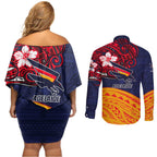 Adelaide Crow Mascot Couples Matching Off Shoulder Short Dress and Long Sleeve Button Shirt Polynesian Tribal Pattern Bold Island Style