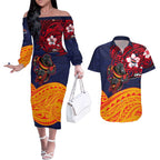 Adelaide Crow Mascot Couples Matching Off The Shoulder Long Sleeve Dress and Hawaiian Shirt Polynesian Tribal Pattern Bold Island Style
