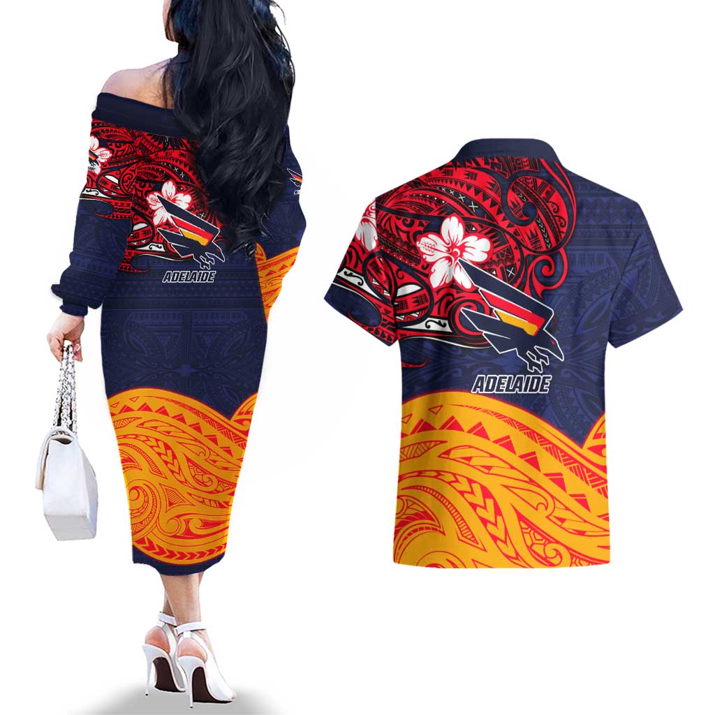Adelaide Crow Mascot Couples Matching Off The Shoulder Long Sleeve Dress and Hawaiian Shirt Polynesian Tribal Pattern Bold Island Style