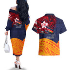 Adelaide Crow Mascot Couples Matching Off The Shoulder Long Sleeve Dress and Hawaiian Shirt Polynesian Tribal Pattern Bold Island Style