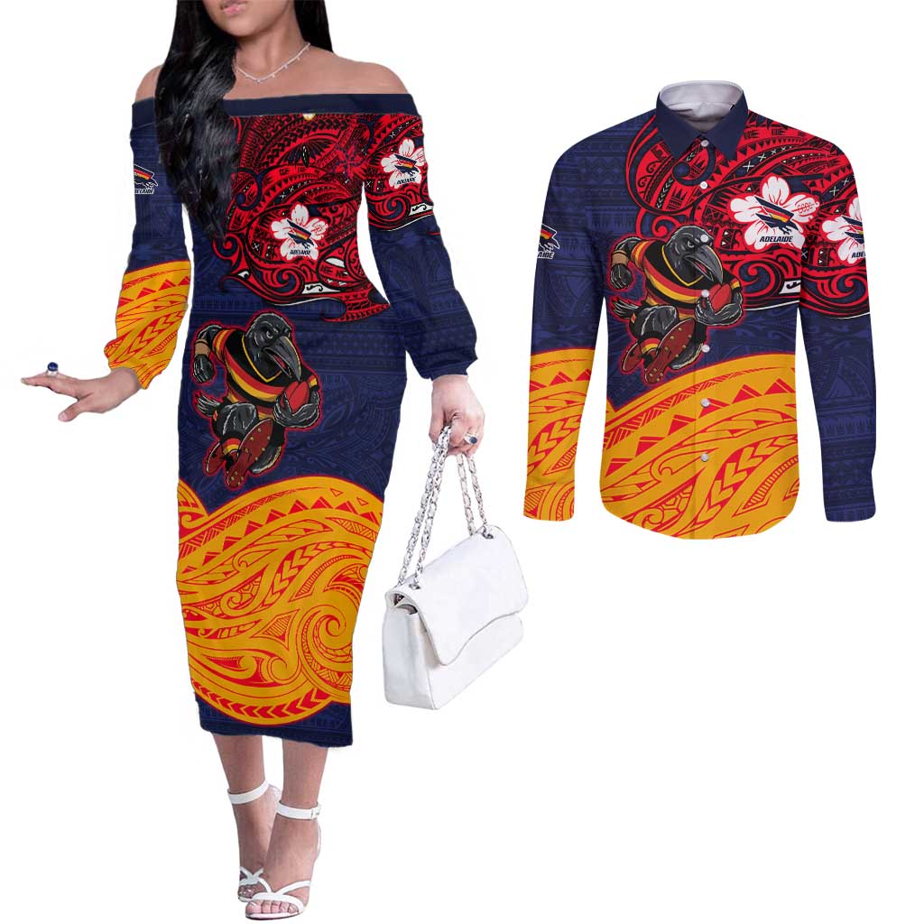 Adelaide Crow Mascot Couples Matching Off The Shoulder Long Sleeve Dress and Long Sleeve Button Shirt Polynesian Tribal Pattern Bold Island Style