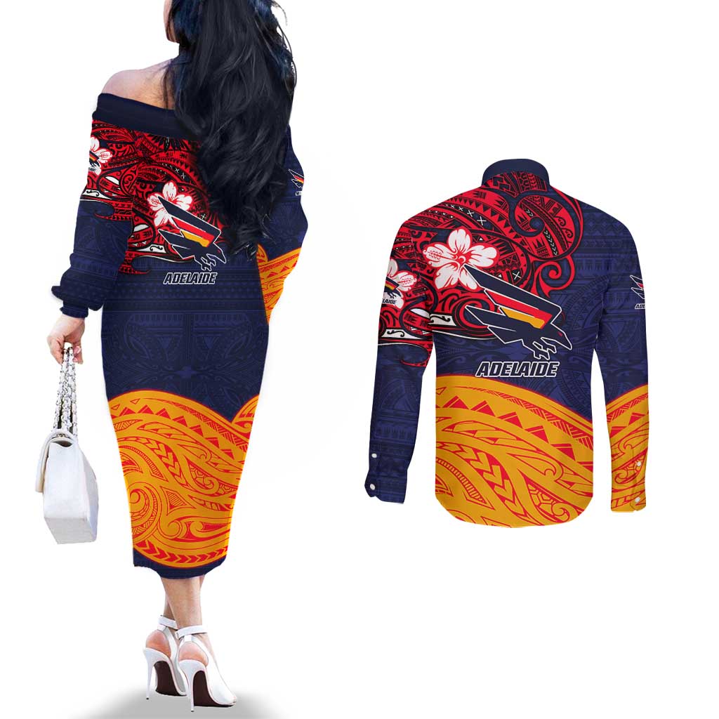 Adelaide Crow Mascot Couples Matching Off The Shoulder Long Sleeve Dress and Long Sleeve Button Shirt Polynesian Tribal Pattern Bold Island Style