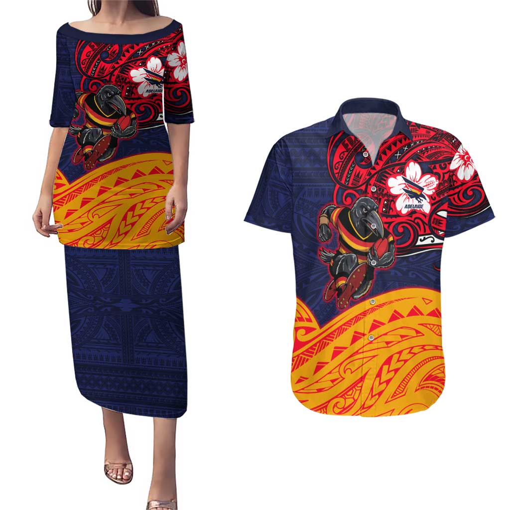 Adelaide Crow Mascot Couples Matching Puletasi and Hawaiian Shirt Polynesian Tribal Pattern Bold Island Style