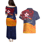 Adelaide Crow Mascot Couples Matching Puletasi and Hawaiian Shirt Polynesian Tribal Pattern Bold Island Style