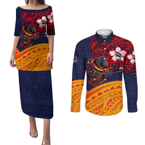 Adelaide Crow Mascot Couples Matching Puletasi and Long Sleeve Button Shirt Polynesian Tribal Pattern Bold Island Style