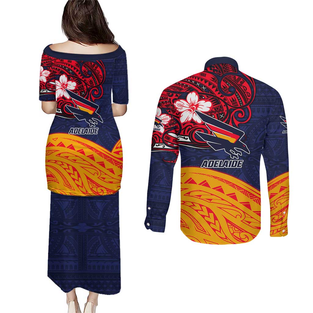 Adelaide Crow Mascot Couples Matching Puletasi and Long Sleeve Button Shirt Polynesian Tribal Pattern Bold Island Style