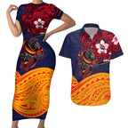 Adelaide Crow Mascot Couples Matching Short Sleeve Bodycon Dress and Hawaiian Shirt Polynesian Tribal Pattern Bold Island Style