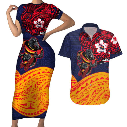 Adelaide Crow Mascot Couples Matching Short Sleeve Bodycon Dress and Hawaiian Shirt Polynesian Tribal Pattern Bold Island Style