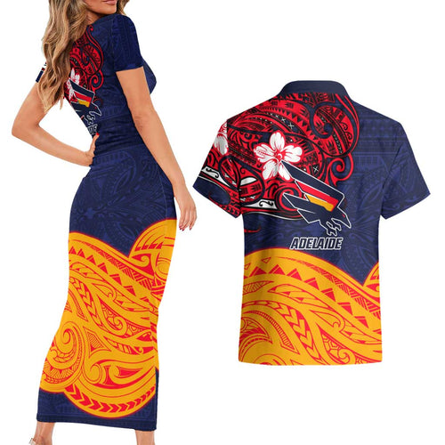 Adelaide Crow Mascot Couples Matching Short Sleeve Bodycon Dress and Hawaiian Shirt Polynesian Tribal Pattern Bold Island Style