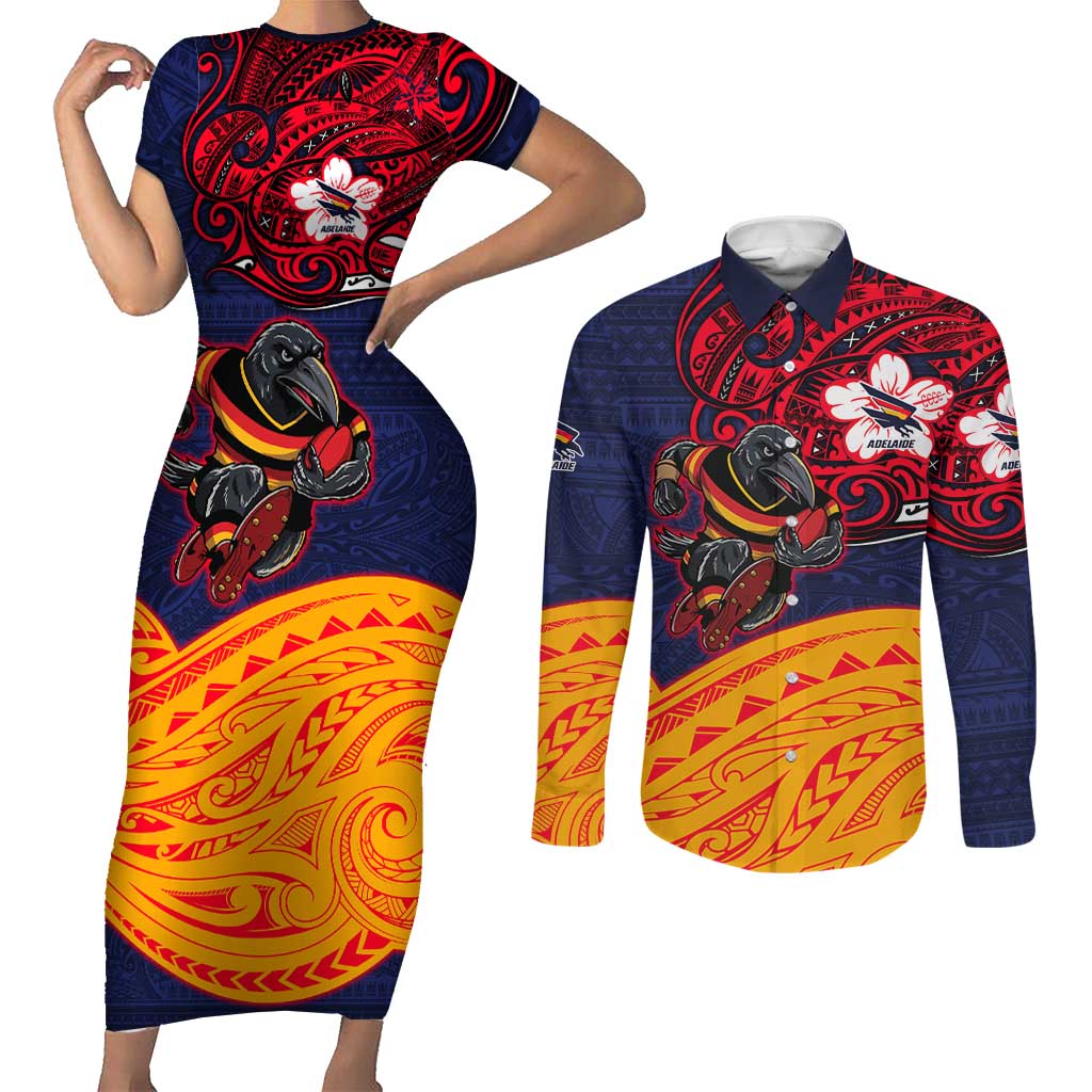 Adelaide Crow Mascot Couples Matching Short Sleeve Bodycon Dress and Long Sleeve Button Shirt Polynesian Tribal Pattern Bold Island Style