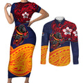 Adelaide Crow Mascot Couples Matching Short Sleeve Bodycon Dress and Long Sleeve Button Shirt Polynesian Tribal Pattern Bold Island Style