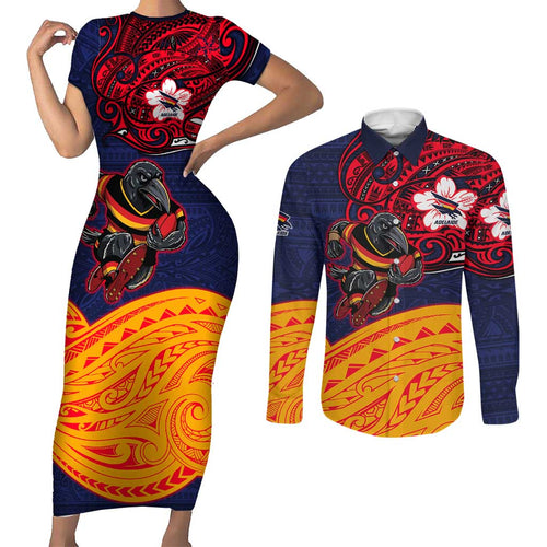 Adelaide Crow Mascot Couples Matching Short Sleeve Bodycon Dress and Long Sleeve Button Shirt Polynesian Tribal Pattern Bold Island Style