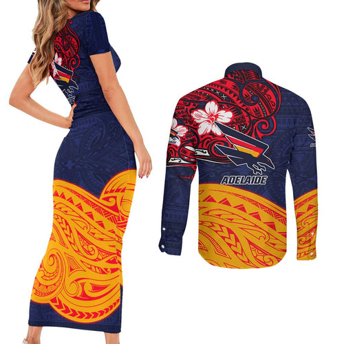 Adelaide Crow Mascot Couples Matching Short Sleeve Bodycon Dress and Long Sleeve Button Shirt Polynesian Tribal Pattern Bold Island Style