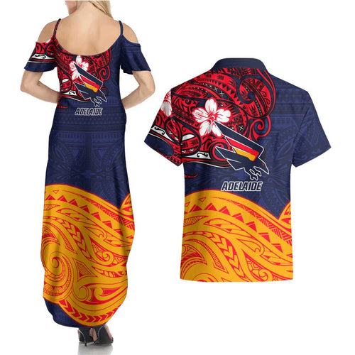 Adelaide Crow Mascot Couples Matching Summer Maxi Dress and Hawaiian Shirt Polynesian Tribal Pattern Bold Island Style