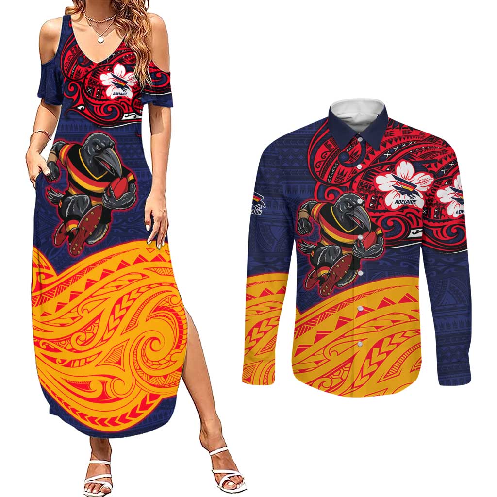 Adelaide Crow Mascot Couples Matching Summer Maxi Dress and Long Sleeve Button Shirt Polynesian Tribal Pattern Bold Island Style