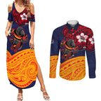 Adelaide Crow Mascot Couples Matching Summer Maxi Dress and Long Sleeve Button Shirt Polynesian Tribal Pattern Bold Island Style