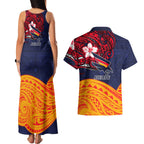 Adelaide Crow Mascot Couples Matching Tank Maxi Dress and Hawaiian Shirt Polynesian Tribal Pattern Bold Island Style