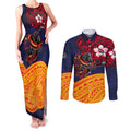 Adelaide Crow Mascot Couples Matching Tank Maxi Dress and Long Sleeve Button Shirt Polynesian Tribal Pattern Bold Island Style