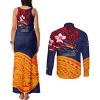 Adelaide Crow Mascot Couples Matching Tank Maxi Dress and Long Sleeve Button Shirt Polynesian Tribal Pattern Bold Island Style