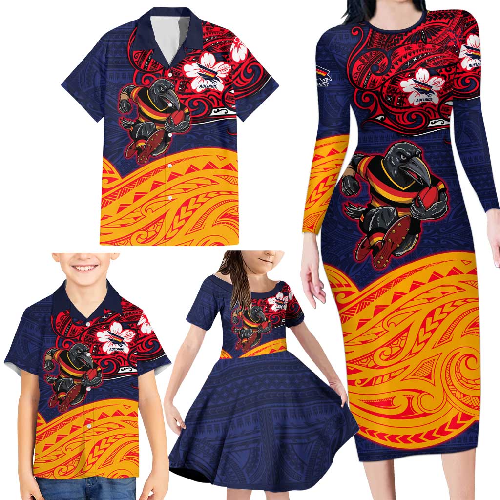 Adelaide Crow Mascot Family Matching Long Sleeve Bodycon Dress and Hawaiian Shirt Polynesian Tribal Pattern Bold Island Style