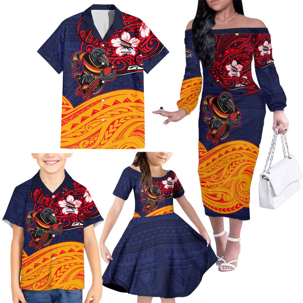 Adelaide Crow Mascot Family Matching Off The Shoulder Long Sleeve Dress and Hawaiian Shirt Polynesian Tribal Pattern Bold Island Style