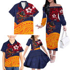 Adelaide Crow Mascot Family Matching Off The Shoulder Long Sleeve Dress and Hawaiian Shirt Polynesian Tribal Pattern Bold Island Style