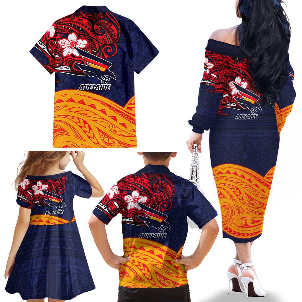 Adelaide Crow Mascot Family Matching Off The Shoulder Long Sleeve Dress and Hawaiian Shirt Polynesian Tribal Pattern Bold Island Style